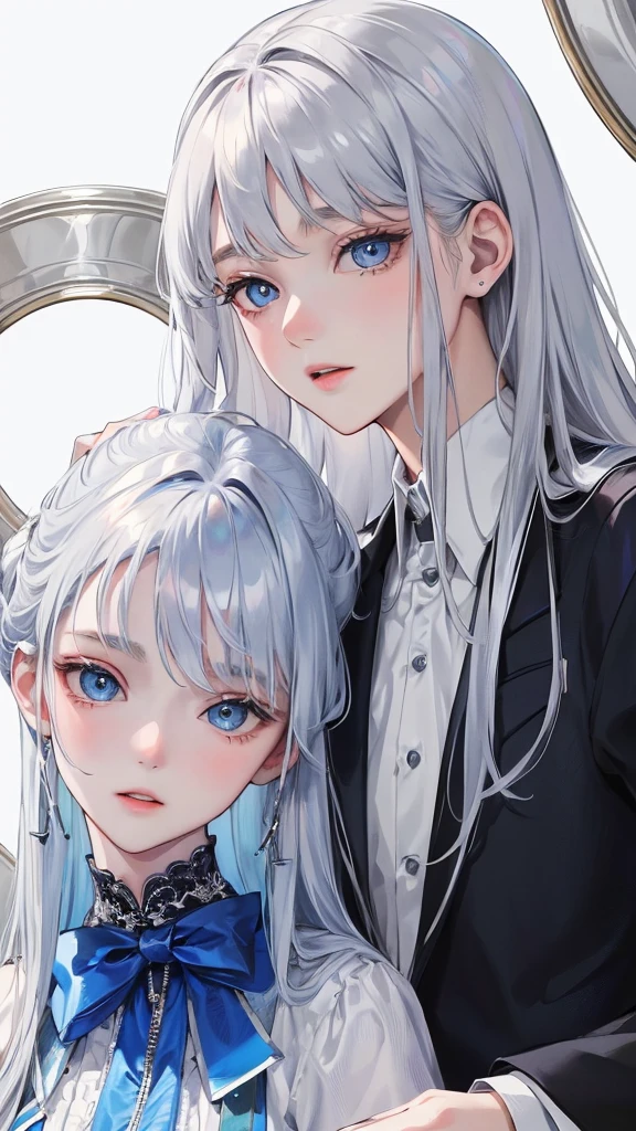 (Top resolution、Distinct_image)top-quality、femele、masterpiece、highly detailed、Semi-realistic、blue eyes、18year old、young、smart Casual clothing、Exquisite facial features、Facial features、unique hairstyle, variations, potrait, white background, Silver hair