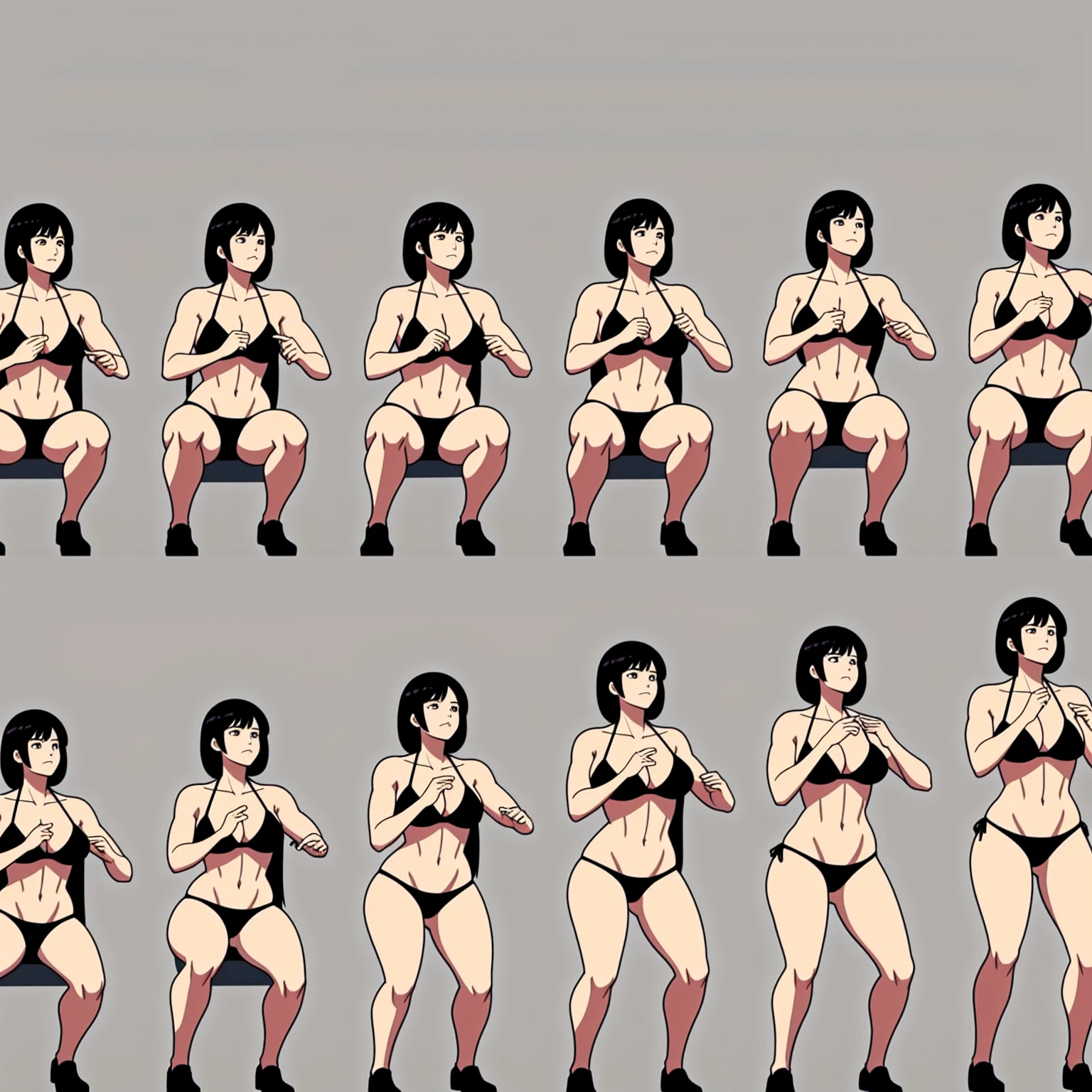 1 girl, anime style, (((linear))), ((black and white)), doing squats, ((bikini)), (muscular), defined abdomen, beautiful thighs, large thighs, wide thighs, ((sprite sheet)), moviment, (((empt hands))), muscular, ((empt hands))