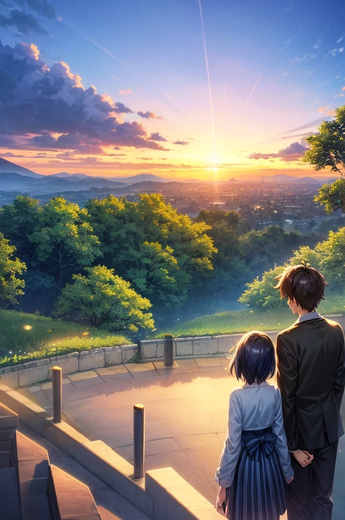 Two teenagers standing apart under a vibrant twilight sky, with a comet streaking across the background. The boy is in a Tokyo  and the girl in a rural Japanese . The scene is filled with detailed and colorful clouds, capturing a sense of magic and connection. Cosmic Skies, by makoto shinkai, makoto shinkai cyril rolando, beautiful anime scene, anime sky, anime art wallpaper 4 k, anime art wallpaper 4k, anime art wallpaper 8 k, anime beautiful peace scene, in style of makoto shinkai, 4k anime wallpaper.
