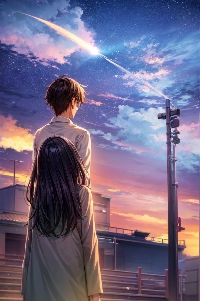 Two teenagers standing apart under a vibrant twilight sky, with a comet streaking across the background. The boy is in a Tokyo and the girl in a rural Japanese . The scene is filled with detailed and colorful clouds, capturing a sense of magic and connection. Cosmic Skies, by makoto shinkai, makoto shinkai cyril rolando, beautiful anime scene, anime sky, anime art wallpaper 4 k, anime art wallpaper 4k, anime art wallpaper 8 k, anime beautiful peace scene, in style of makoto shinkai, 4k anime wallpaper.