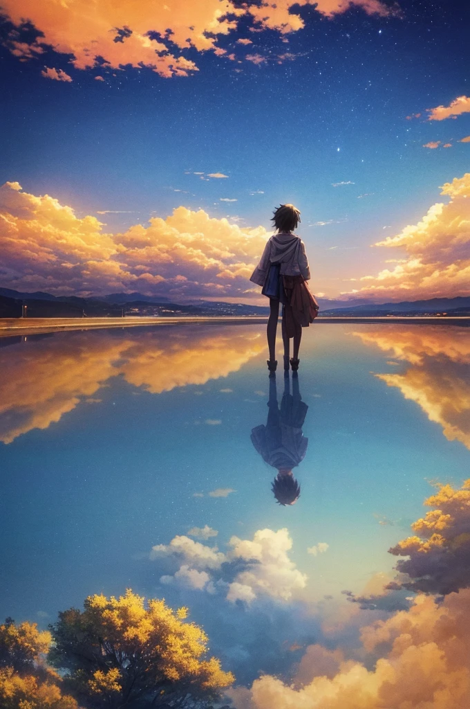 Two teenagers standing apart under a vibrant twilight sky, with a comet streaking across the background. The boy is in a Tokyo and the girl in a rural Japanese . The scene is filled with detailed and colorful clouds, capturing a sense of magic and connection. Cosmic Skies, by makoto shinkai, makoto shinkai cyril rolando, beautiful anime scene, anime sky, anime art wallpaper 4 k, anime art wallpaper 4k, anime art wallpaper 8 k, anime beautiful peace scene, in style of makoto shinkai, 4k anime wallpaper.