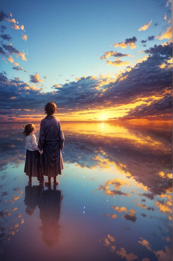 Two teenagers standing apart under a vibrant twilight sky, with a comet streaking across the background. The boy is in a Tokyo and the girl in a rural Japanese . The scene is filled with detailed and colorful clouds, capturing a sense of magic and connection. Cosmic Skies, by makoto shinkai, makoto shinkai cyril rolando, beautiful anime scene, anime sky, anime art wallpaper 4 k, anime art wallpaper 4k, anime art wallpaper 8 k, anime beautiful peace scene, in style of makoto shinkai, 4k anime wallpaper.