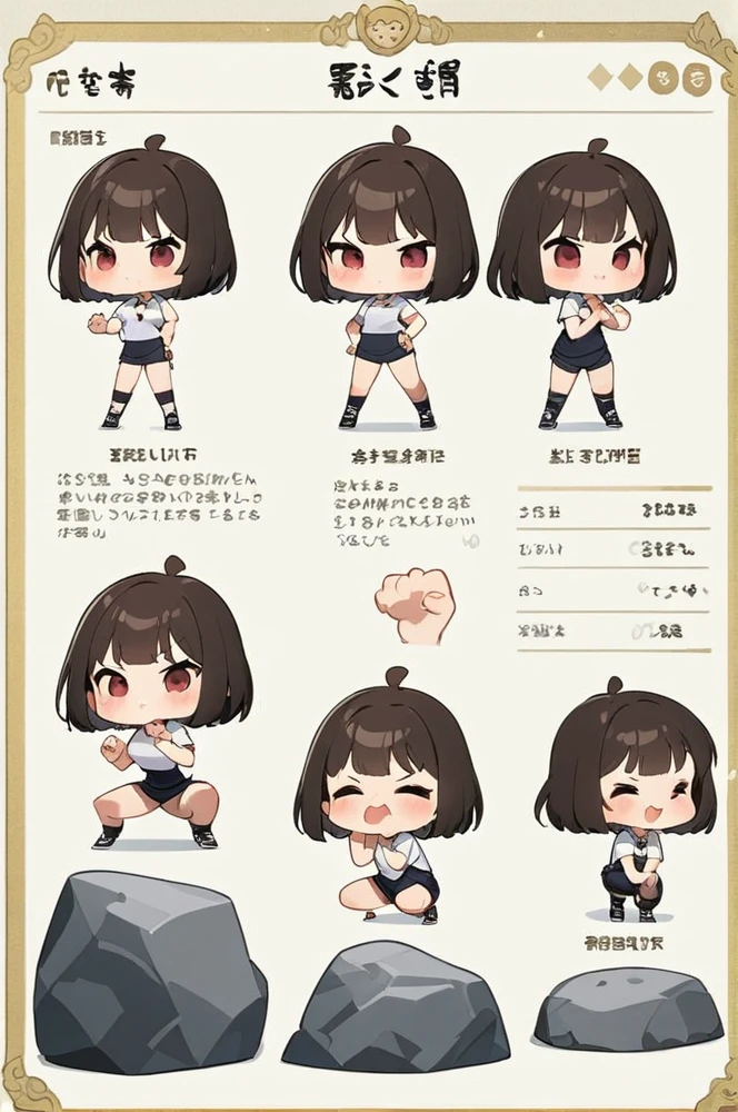 Character sheet, white background, chibi, female, short hair, simple clothes, squat pose, rock paper scissor hand pose, cartoon style, high quality, high resolution
