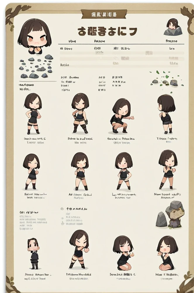 Character sheet, white background, chibi, female, short hair, simple clothes, squat pose, rock paper scissor hand pose, cartoon style, high quality, high resolution
