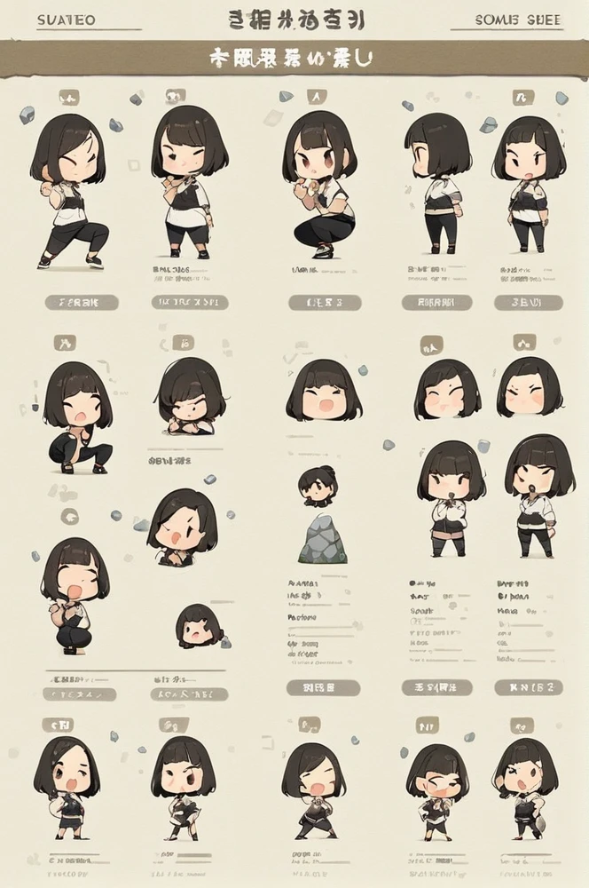 Character sheet, white background, chibi, female, short hair, simple clothes, squat pose, rock paper scissor hand pose, cartoon style, high quality, high resolution
