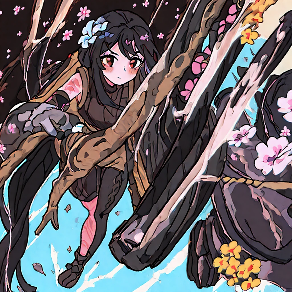"A woman with long black hair and brown eyes wears a sock adorned with painted flowers that covers her entire leg. She also sports a pair of wooden slippers, gloves featuring painted flowers that extend to her forearms, and a pompom on her shoulder. Her low-cut sweater is shaped like a flower, and she is wearing a swimsuit."