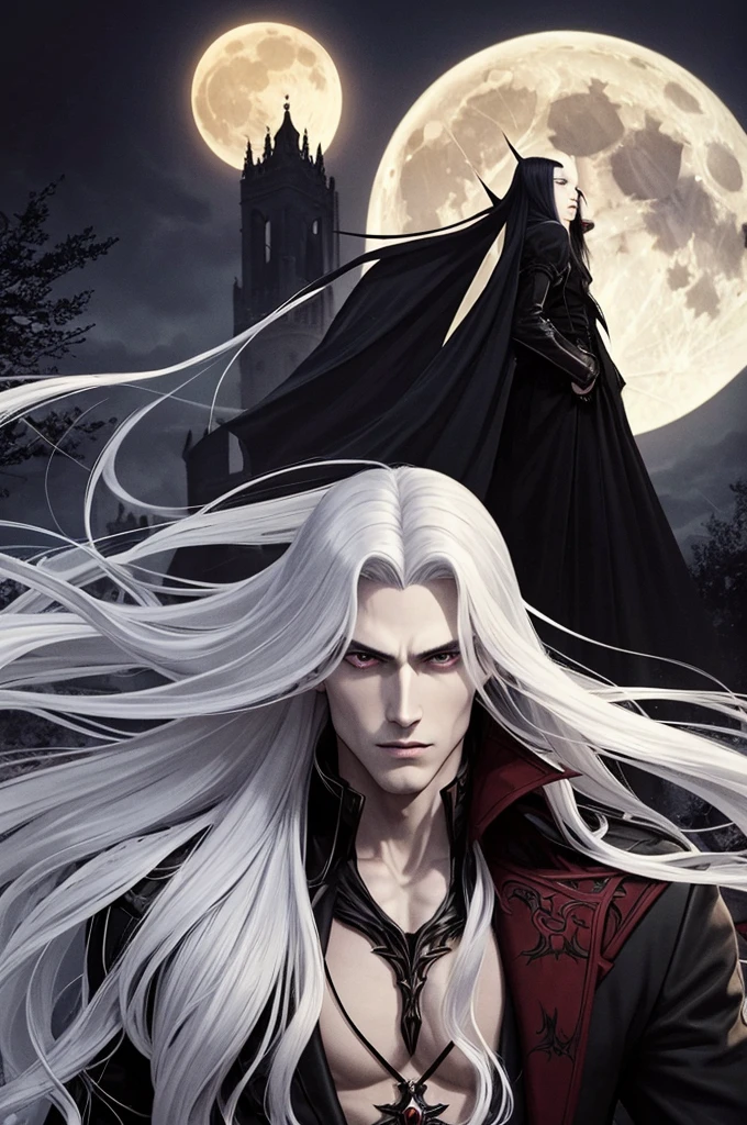 a vampire His physical features should be similar to those of Alucard from Castlevania: Symphony of the Night. It should have an elegant and mysterious appearance, with long silver hair, piercing eyes and sharp facial features. Wear dark and gothic style clothes. Your presence must be imposing and noble, reflecting his aristocratic origin and supernatural power, emerging from a lake with the full moon in the background