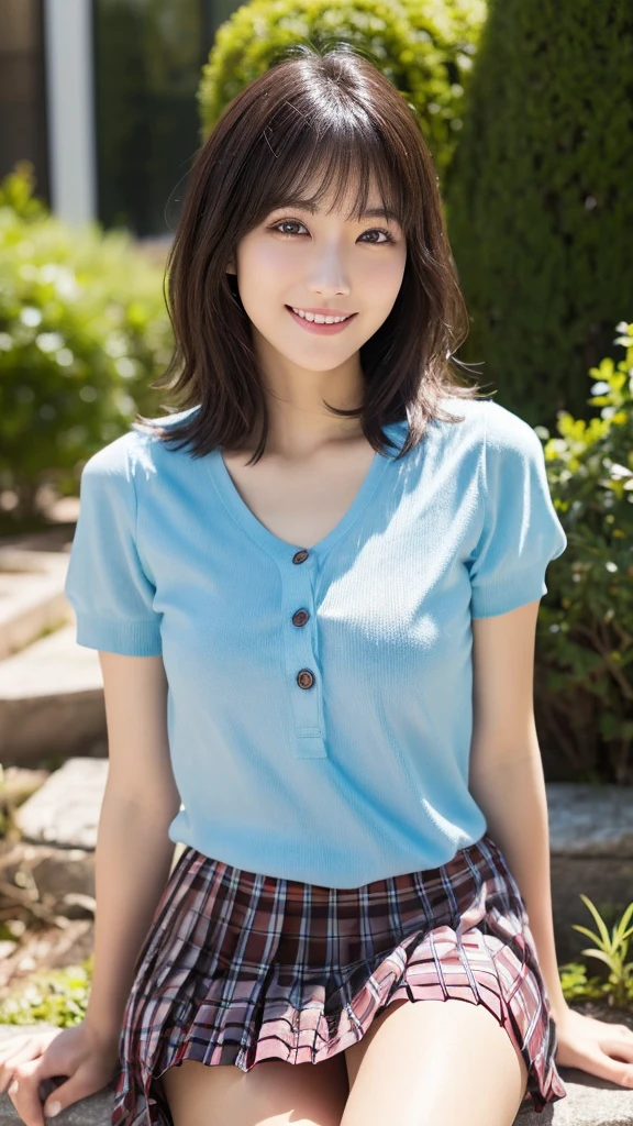 (Highest quality: 1.5), (Realistic: 1.5), (1 person: 1.5), Very detailed, High resolution, 8K,Natural color lips, Cute Smile, Japanese women, 20-year-old girl, Beautiful and elegant features, Perfect and beautiful face, Balanced big eyes, Beautiful and elegant features, Natural double eyelids, Natural Bangs, Beautiful thin nose, Beautiful Skin, Medium Bob Hair , Natural Bangs , Perfect and beautiful face, Slim face and figure, (Looking at the camera with a sweet smile), Bright lighting, Professional Lighting, Forward lighting, Beautiful feet: 1.2, Smooth Skin, Slender body, Slim waistline, slim thin thighs, Cleavage, Detailed clothing, (Short sleeve:1.5), (Pleated skirt:1.5), Checkered Pleated Micro Mini Skirt, Short sleeveドレスシャツ Ultra HD, Realistic,, Frolic with cats, Playing with cats,Holding a cat, Holding a cat,Pick up the cat, garden,squat