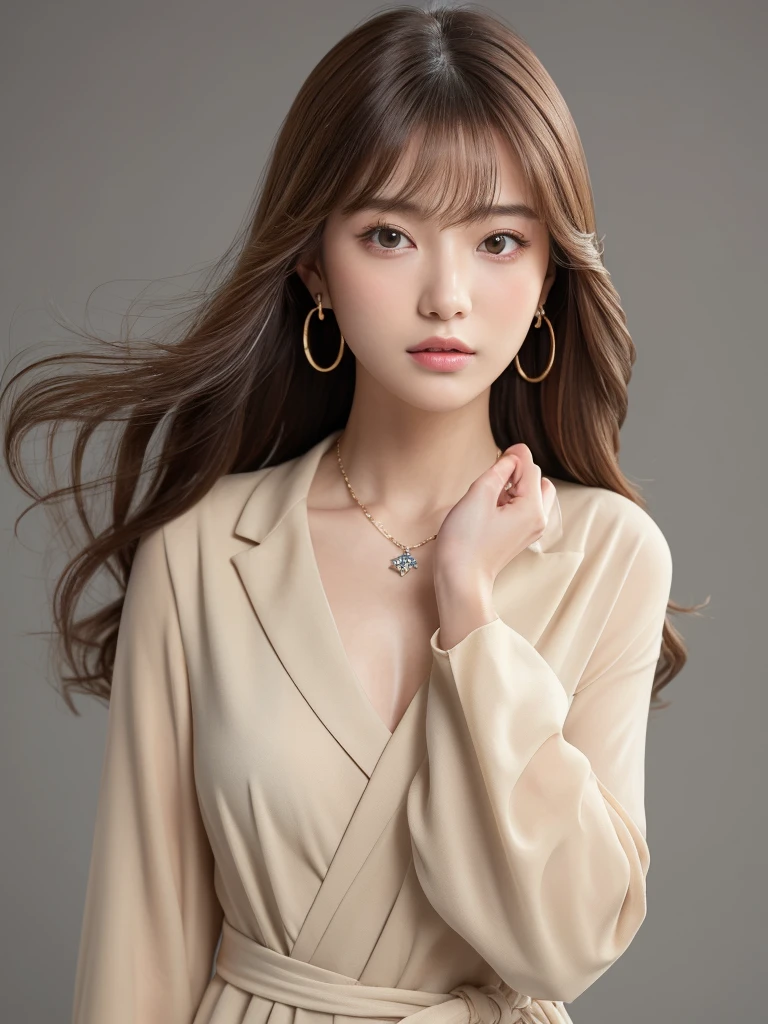 ((Highest quality, 8K, masterpiece:1.3)), concentrate: 1.2, Perfect body beauty: 1.4, Hips: 1.2, ((Long Hair, chest: 1.2)), (Dry clothes: 1.1) , (clear, Simple Background:1.3), Simple clothes: 1.1, Highly detailed face and skin texture,Delicate eyes, double eyelid, Whitened skin, Rough skin、Long Hair、Earrings with bangs、necklace、 solo、Beige coat、White shirt, (((Beautiful girl with cute Japan)))、 ((Beautiful Japanese girl 20 years old))、 ((Baby Face))、 (((Slender body)))、 Upper Body,Face focus、necklace,Simple Background,From above, Realistic Hair、 A photograph was taken:Canon EOS R6、135mm、1/1250 seconds、f2.8、ISO400、(Detailed explanation of the hand)、(Masseter muscle area)、(Exquisite CG)、Long Hair, loose and curly hair、Korean Hair、Long Hair明るいベージュ色、グラデーションハイライトグレージュのゆるふわLong Hairスタイル、