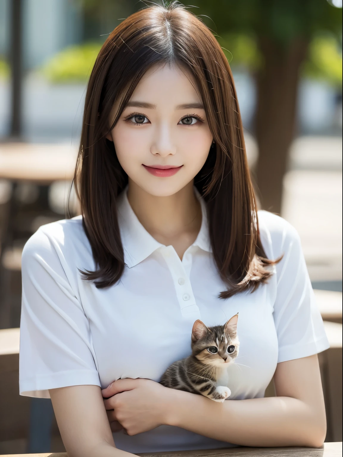On the table, Highest quality, realism, Fine details, High resolution, 8k wallpaper, Perfect dynamic composition, Beautiful and delicate eyes, Medium Straight Hair, Casual and sexy pose,Random Situation、Holding a kitten、Wearing a polo shirt、(Beautiful breasts overflowing 1.3)、Bright smile、Bokeh、nature、Age 25、(Droopy Eyes 1.3)、Adult Beauty、Japanese