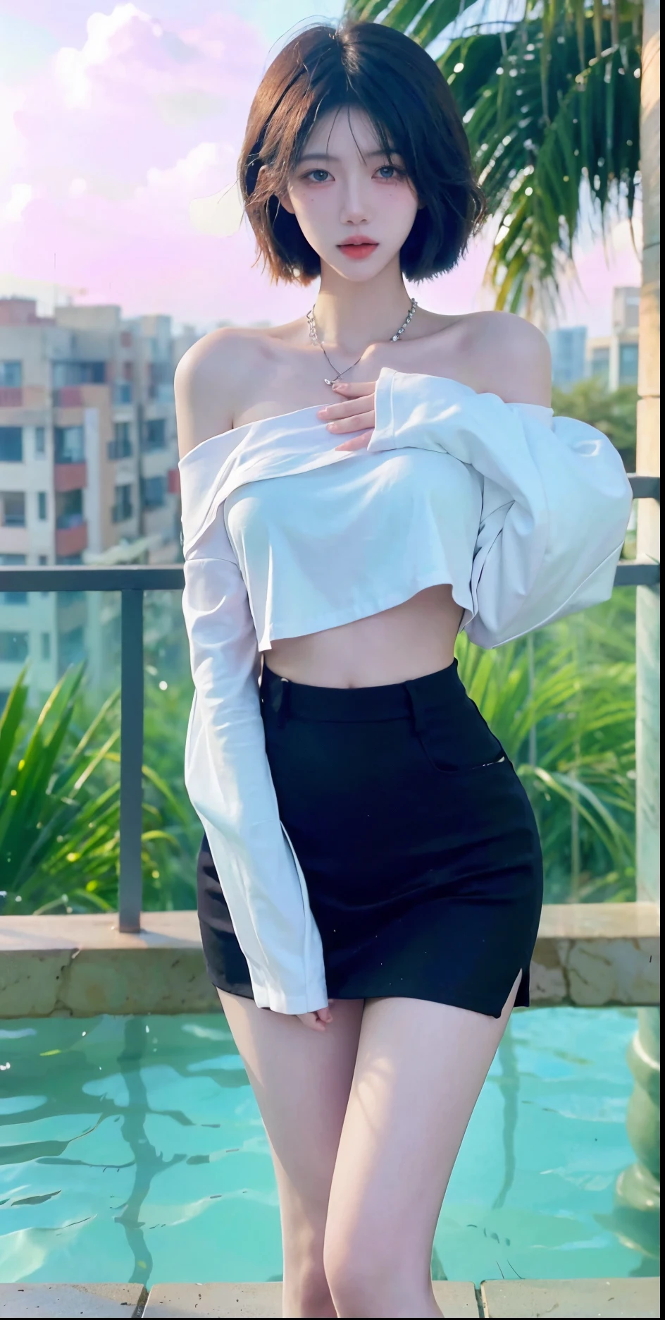 Beautiful woman with perfect figure:1.4,Swimming background,Desert Background,Ultra-high resolution,Seductive laughter,wear glasses,White legs,(lifelike:1.4),Layered Hairstyle,White skin,Black mini pleated skirt,whole body,Very delicate face and skin texture,Double eyelids,Skin Whitening,Long hair,White hair,White,