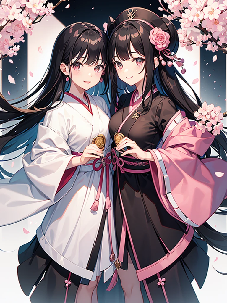 best quality, character design sheet, adult woman、No hat on, Black and pink hair, whole body, Head to Toe, Fortuneteller、Standing facing forward, Beautiful black dress, long Black Hair, Pure white background, from front, best quality, Cherry blossom pattern、Japanese、Adult Japanese、Clear eyes、Standing facing forward、The face is facing forward、holding a magic card in hand、White background、Smiling face、Black western dress、Neutral face、Black hair with pink inner color
