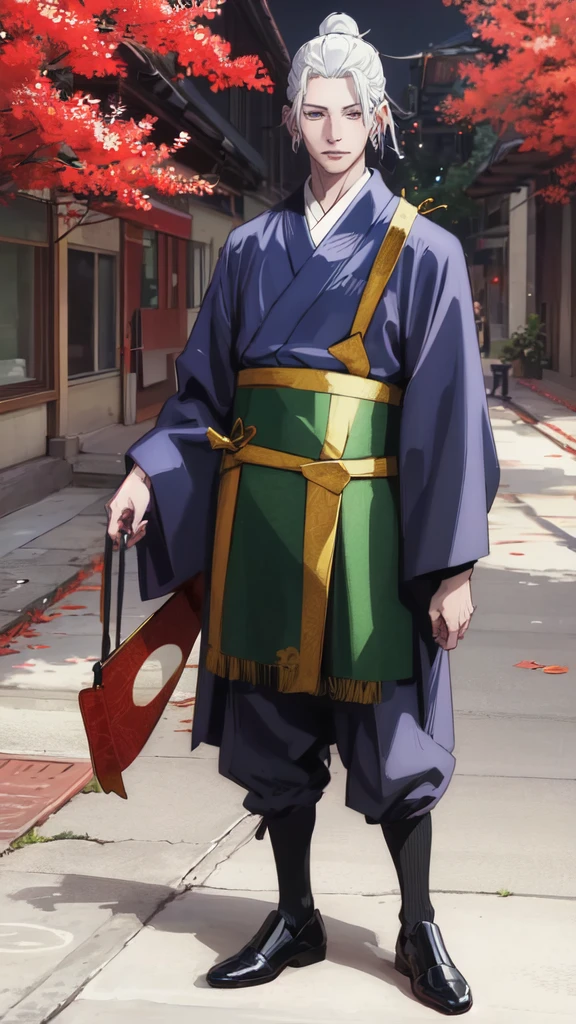 A HANDSOME, MANY, WHITE HAIRED MAN, WITH BLUE EYES, WEARING A RED KIMONO, NAMED "GOJO SATORU" IN A REALISTIC 4K-HDR VIEW, IS STANDING IN THE MIDDLE OF A BEAUTIFUL CITY, WITH A SPRING FEEL.