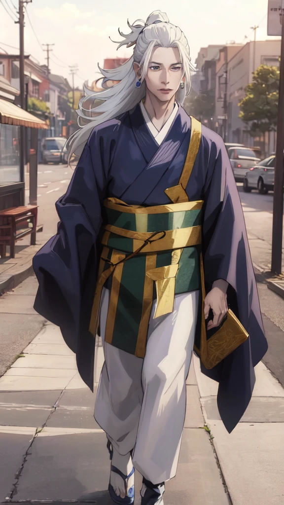 A HANDSOME, MANY, WHITE HAIRED MAN, WITH BLUE EYES, WEARING A RED KIMONO, NAMED "GOJO SATORU" IN A REALISTIC 4K-HDR VIEW, IS STANDING IN THE MIDDLE OF A BEAUTIFUL CITY, WITH A SPRING FEEL.