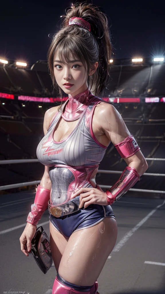 nsfw、Female professional wrestler、((Championship Belt))、expensive、smile、((In the Ring))、((Spotlight))、(((Big stadium)))、((Super big breasts))、((Super tight costume))、Wristband、(((Aggressive, outlandish and flashy costumes)))、((Elbow guard))、(Shin guard)、I can see your muscles、Hairstyle with bangs、((Sweat))、((Match venue))、Very beautiful woman、((Female Athletes))、(Detailed face)、Realistic Skin、((Delicate photo)),(Girl masterpiece RAW photo details:1.25), (Highest quality:1.6), (Ultra-high resolution:1.5), (Realistic:1.75), 8K resolution,50mm, Absurd, Super detailed,Cinema Lighting、