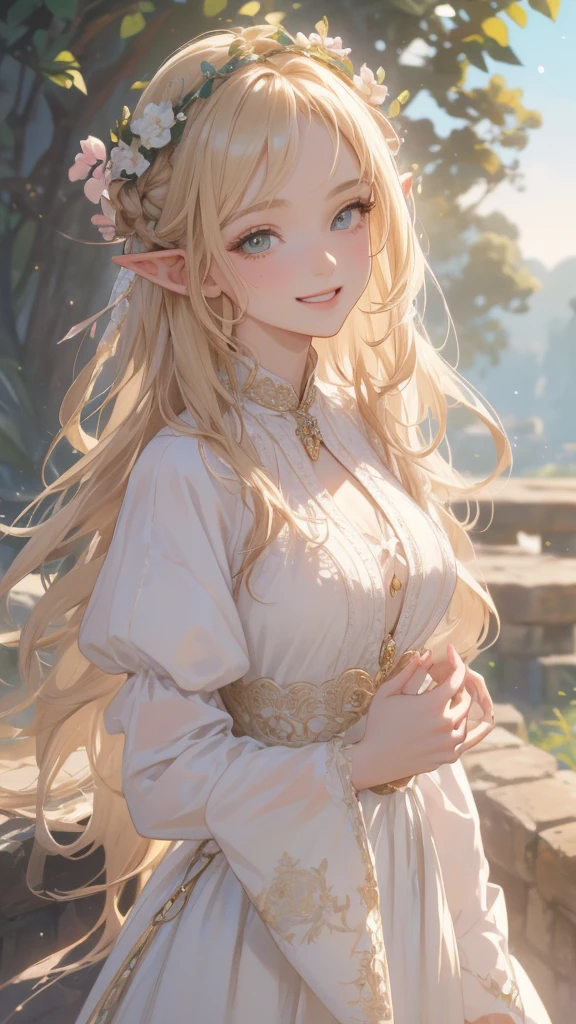 work of art, epic details, ultra detaild, best resolution, blonde, Braided hair, (BEAUTIFUL ELF), beautiful and rustic flower crown {olhos ultra detailds} ((rosto angelical)), sculptural body, (brown medieval peasant outfit), ((perfect hands))), ((expression of happiness)), (Grinning), great smile, Simple smile, TREES,
medieval scenery, medieval tavern, pink back ground