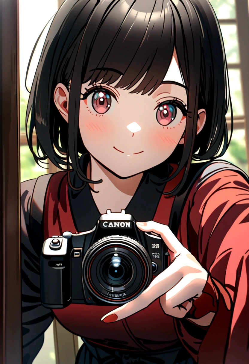 8K, details, Vertical portrait of a charming young Japanese lady making a peace sign, selfie style, high-definition, natural light, as if taken with a Canon camera