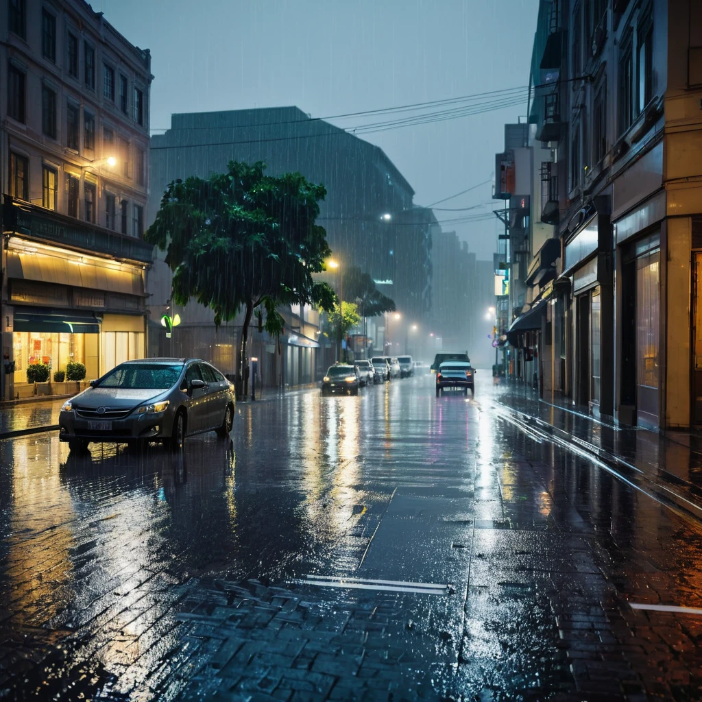 Rounded view of a street with a car parked on the side of the road, rainy night city street, torrentially raining is night and raining a lot, rainy night, rainy streets in the background, raining at night, night heavy rain, city at night in rain, rainy night, rainy city at night, deserted wet street at night, wet streets, on a street at night