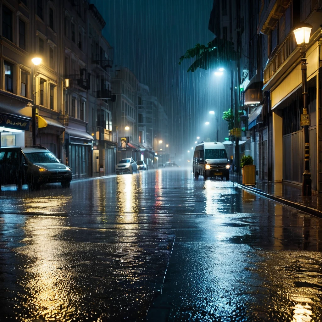 Rounded view of a street with a car parked on the side of the road, rainy night city street, torrentially raining is night and raining a lot, rainy night, rainy streets in the background, raining at night, night heavy rain, city at night in rain, rainy night, rainy city at night, deserted wet street at night, wet streets,   on a street at night