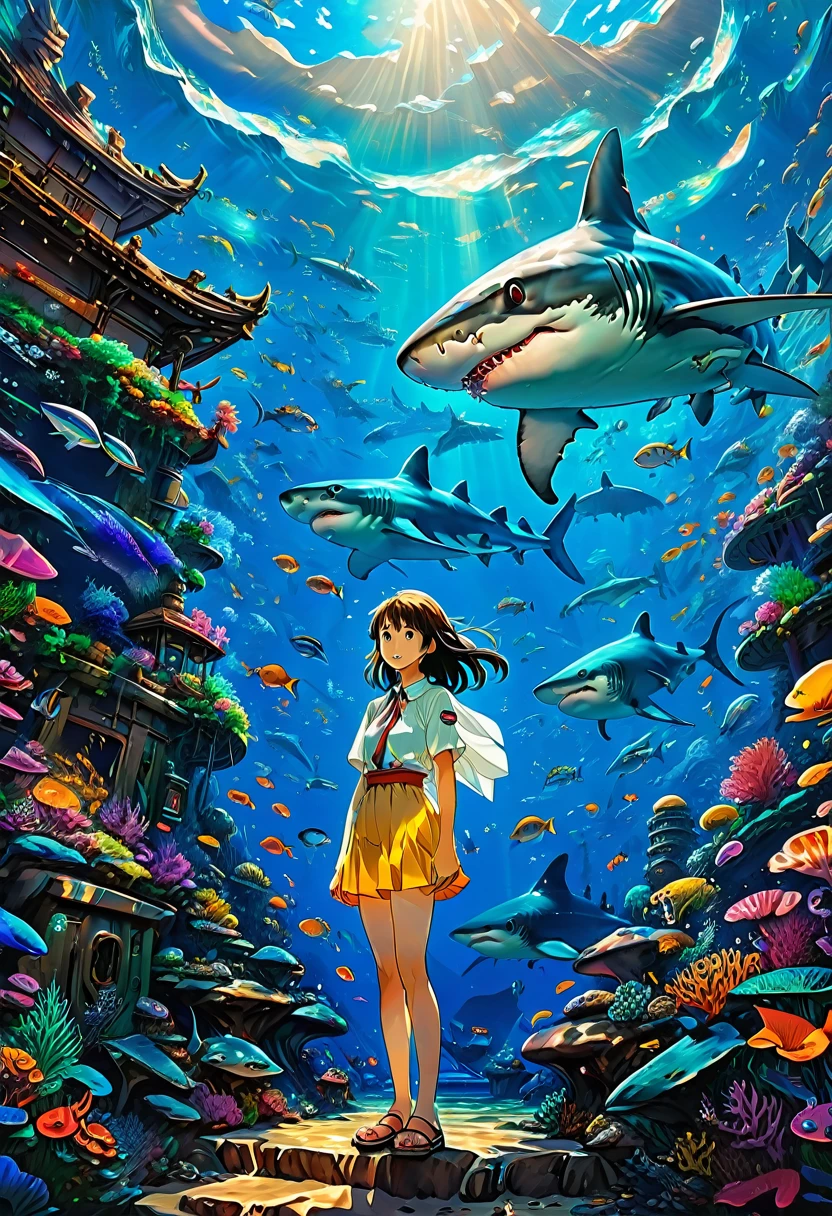 female Shark, dressed as girl, surfing, Dressed animals page, full body, cinematic still, cinemascope, best quality, masterpiece, very aesthetic, perfect composition, intricate details, ultra-detailed, vivid colors