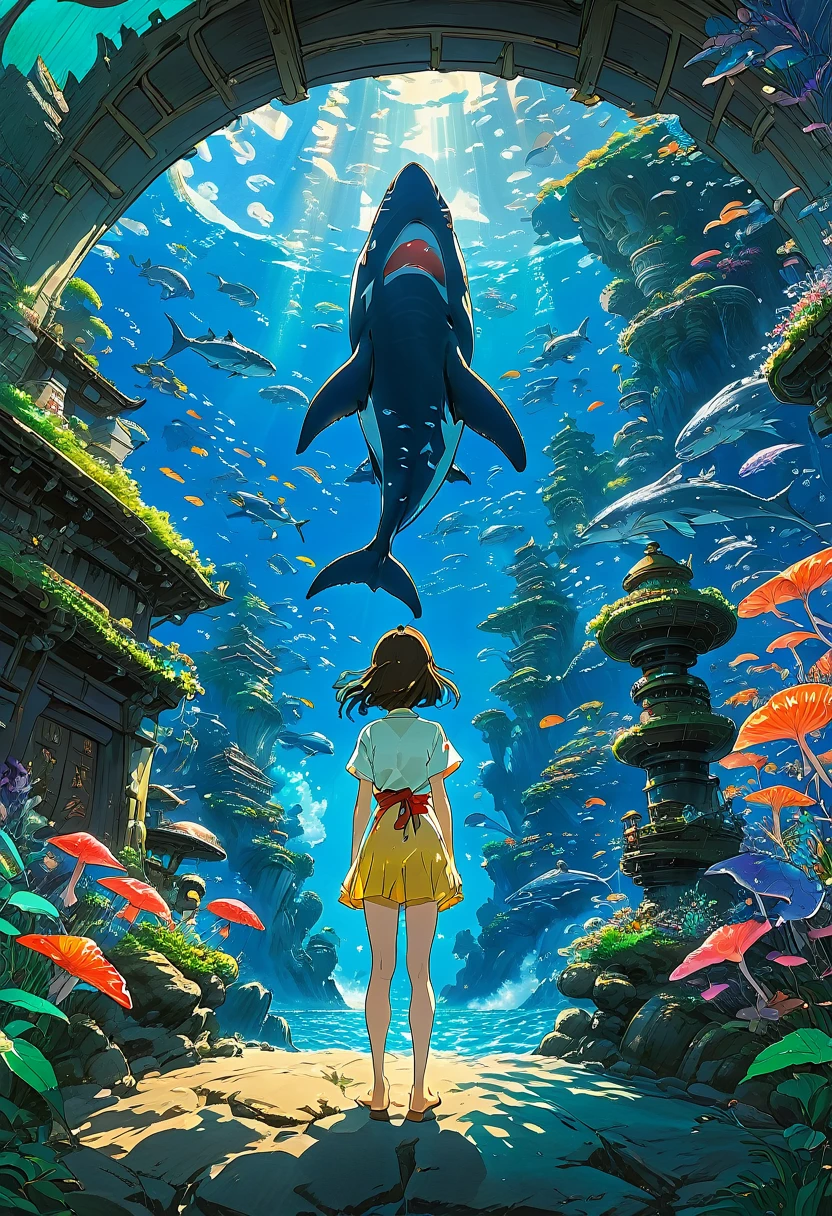 female Shark, dressed as girl, surfing, Dressed animals page, full body, cinematic still, cinemascope, best quality, masterpiece, very aesthetic, perfect composition, intricate details, ultra-detailed, vivid colors