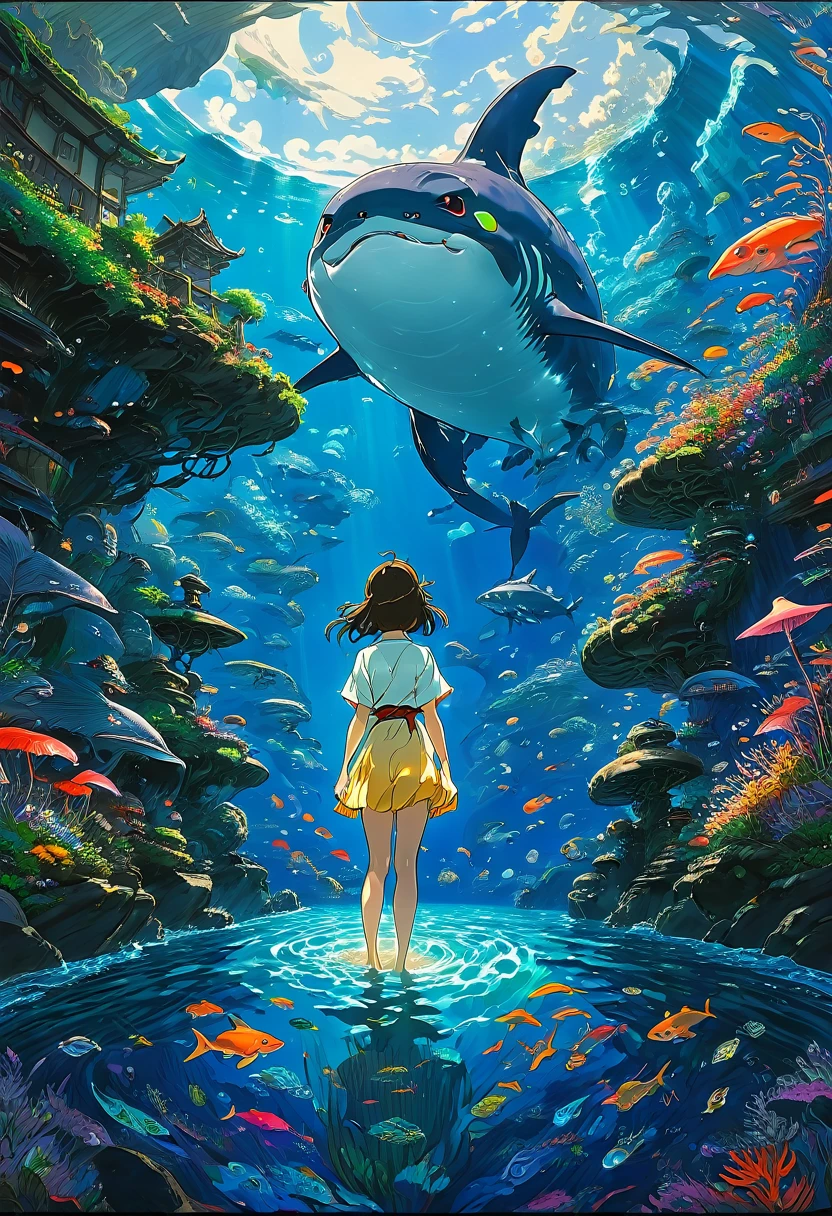 female Shark, dressed as girl, surfing, Dressed animals page, full body, cinematic still, cinemascope, best quality, masterpiece, very aesthetic, perfect composition, intricate details, ultra-detailed, vivid colors