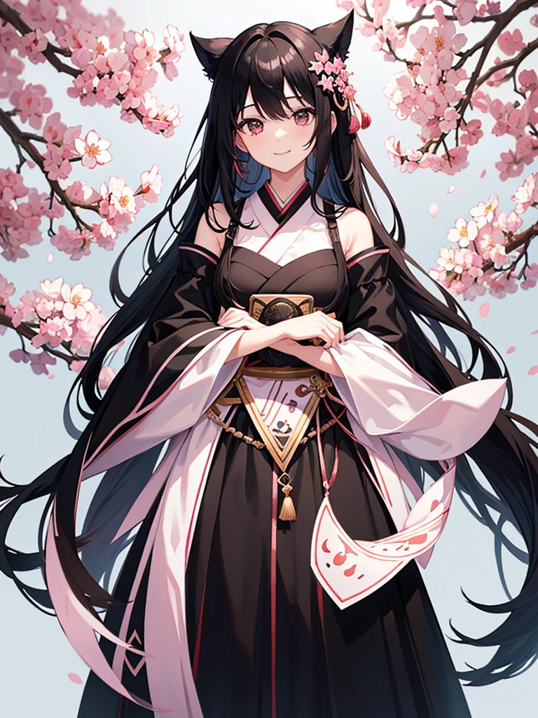 best quality, character design sheet, adult woman、No hat on, Black and pink hair, whole body, Head to Toe, Fortuneteller、Standing facing forward, Beautiful black dress, long Black Hair, Pure white background, from front, best quality, Cherry blossom pattern、Japanese、Adult Japanese、Clear eyes、Standing facing forward、The face is facing forward、holding a magic card in hand、White background、Smiling face、Black western dress、Neutral face、Black hair with pink inner color