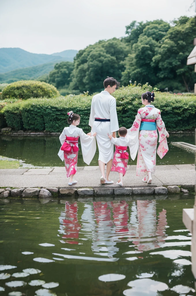 ,White family,kimono,Mermaid Skirt,Fluttering,Frills,4 people,luxury,whole body,2 children