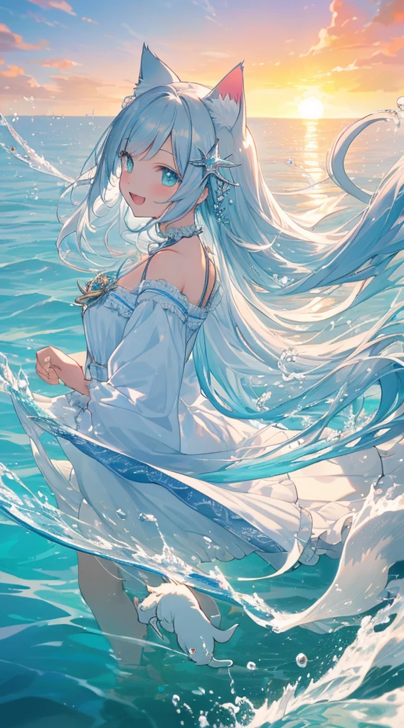 masterpiece, best quality, ultra-detailed, illustration, beautiful detailed eyes, long hair, silver hair, cyan eyes, A very attractive bitter smile, a slightly open mouth,from side, depth of field, floating white silk,  cute Sea urchin  detailed hair ornament,Cat ears,kawaii,Gentle water splashes,Floating water,(ultra clear color imageed),(((A perfect photo-like detailed frame))), very beautiful sunset view in the background