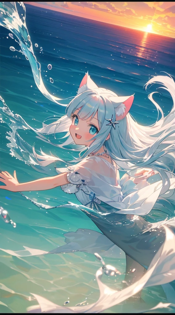 masterpiece, best quality, ultra-detailed, illustration, beautiful detailed eyes, long hair, silver hair, cyan eyes, A very attractive bitter smile, a slightly open mouth,from side, depth of field, floating white silk, cute Sea urchin detailed hair ornament,Cat ears,kawaii,Gentle water splashes,Floating water,(ultra clear color imageed),(((A perfect photo-like detailed frame))), very beautiful sunset view in the background