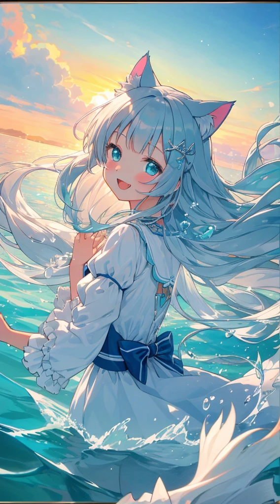 masterpiece, best quality, ultra-detailed, illustration, beautiful detailed eyes, long hair, silver hair, cyan eyes, A very attractive bitter smile, a slightly open mouth,from side, depth of field, floating white silk, cute Sea urchin detailed hair ornament,Cat ears,kawaii,Gentle water splashes,Floating water,(ultra clear color imageed),(((A perfect photo-like detailed frame))), very beautiful sunset view in the background