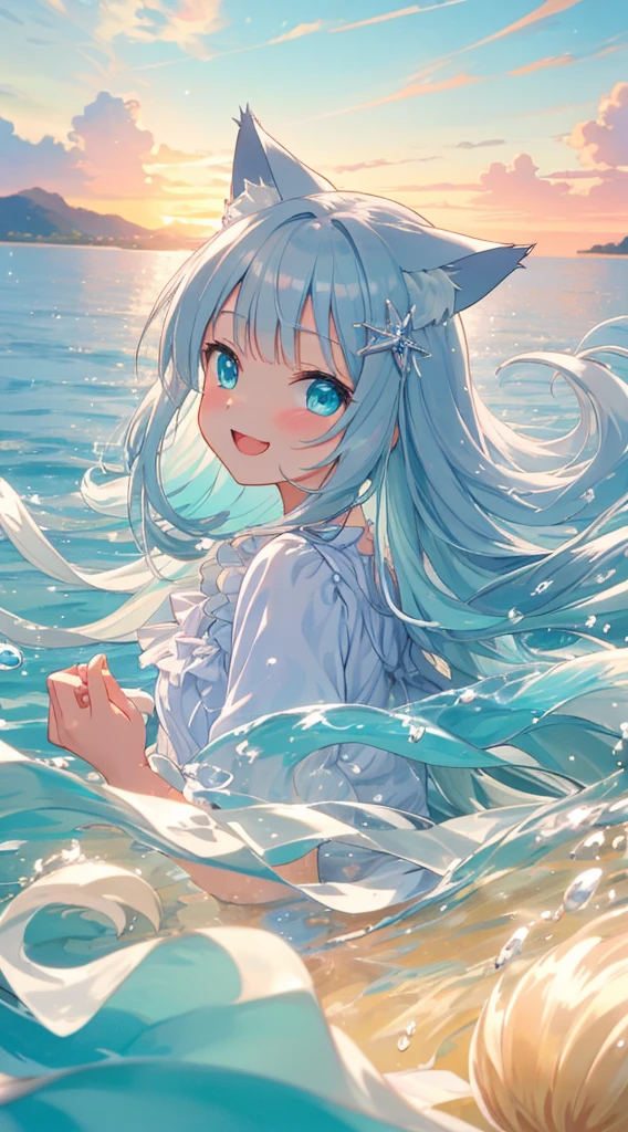 masterpiece, best quality, ultra-detailed, illustration, beautiful detailed eyes, long hair, silver hair, cyan eyes, A very attractive bitter smile, a slightly open mouth,from side, depth of field, floating white silk, cute Sea urchin detailed hair ornament,Cat ears,kawaii,Gentle water splashes,Floating water,(ultra clear color imageed),(((A perfect photo-like detailed frame))), very beautiful sunset view in the background