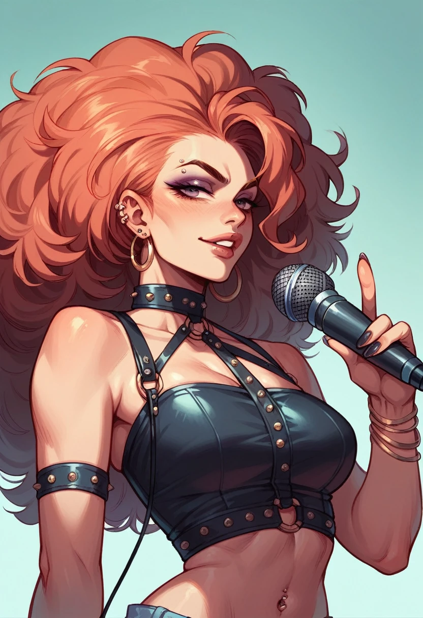 naughty man , big hair, microphone on the waist, aretes, piercing, blouse, neck straps, graffit, rapping