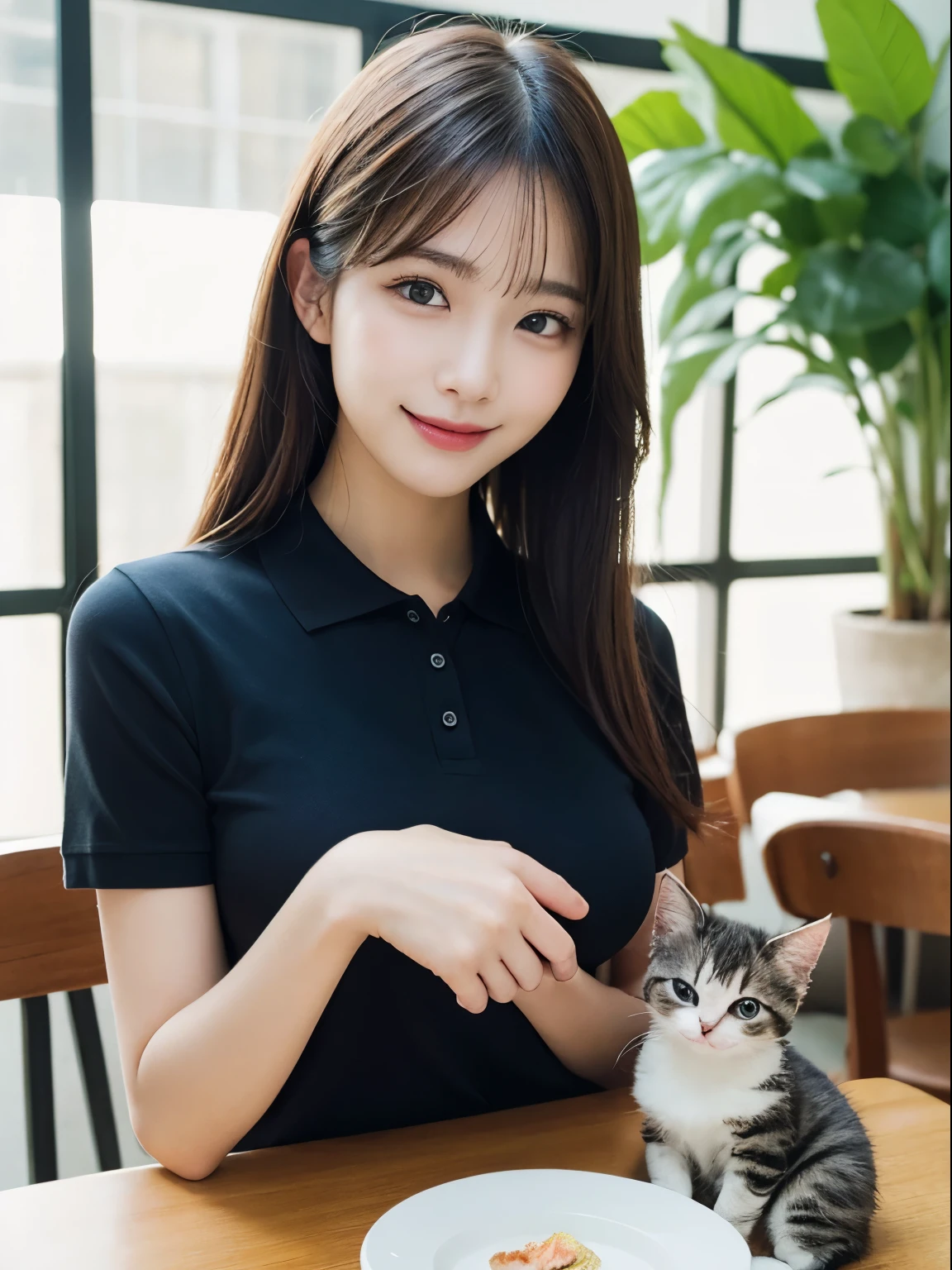 On the table, Highest quality, realism, Fine details, High resolution, 8k wallpaper, Perfect dynamic composition, Beautiful and delicate eyes, Medium Straight Hair, Casual and sexy pose,Random Situation、Holding a kitten、Wearing a polo shirt、(Beautiful breasts overflowing 1.3)、Bright smile、Bokeh、nature、Age 25、(Droopy Eyes 1.3)、Adult Beauty、Japanese