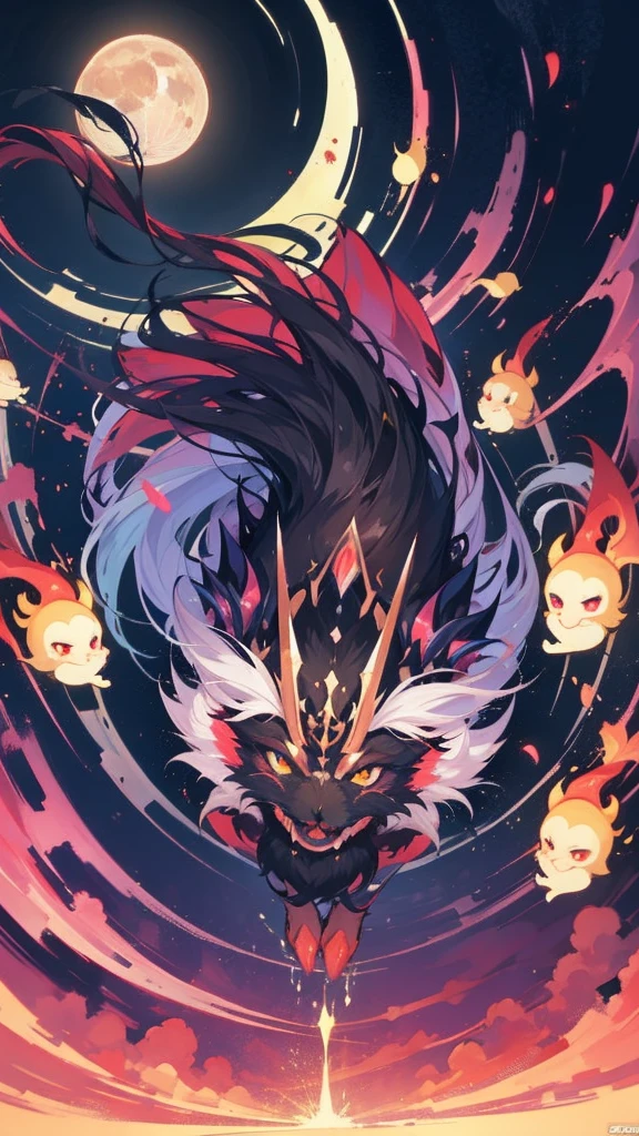 An oriental-style monster image running left and right around the screen., runaway chicken, light coming down vertically from above, Moonlit night