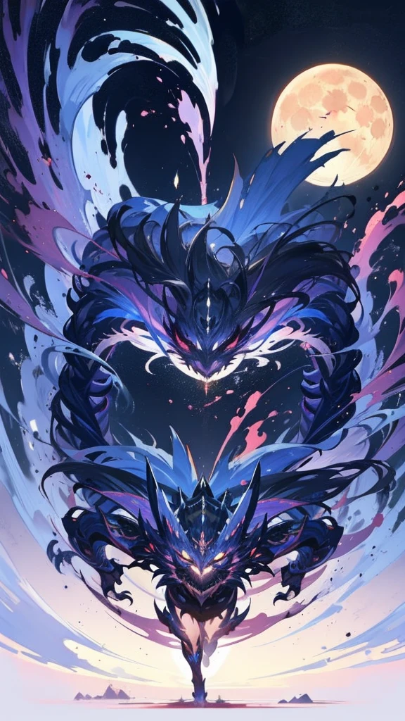 An oriental-style monster image running left and right around the screen., runaway chicken, light coming down vertically from above, Moonlit night