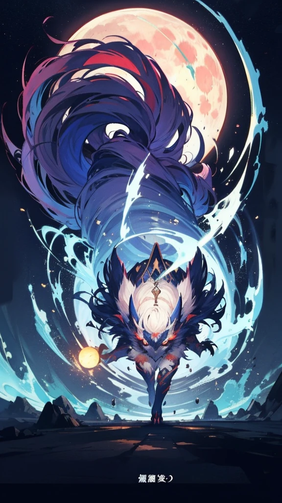 An oriental-style monster image running left and right around the screen., runaway chicken, light coming down vertically from above, Moonlit night