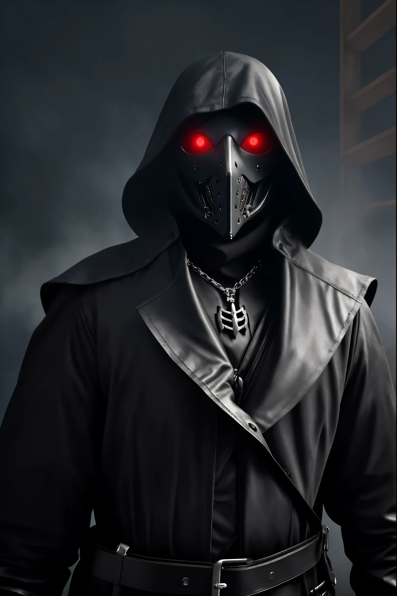 A cyborg plague doctor, raven-themed design, devilcore art style, best quality, 4k, 8k, highres, masterpiece, ultra-detailed, realistic, photorealistic, photo-realistic, HDR, UHD, studio lighting, ultra-fine painting, sharp focus, physically-based rendering, extreme detail description, professional, vivid colors, bokeh, dark moody lighting, gothic horror, dark fantasy, intricate details, mechanical parts, feathers, glowing eyes, ominous atmosphere, dramatic lighting, black and red color palette