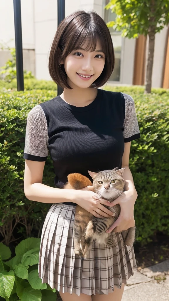 (Highest quality: 1.5), (Realistic: 1.5), (1 person: 1.5), Very detailed, High resolution, 8K,Natural color lips, Cute Smile, Japanese women, 20-year-old girl, Beautiful and elegant features, Perfect and beautiful face, Balanced big eyes, Beautiful and elegant features, Natural double eyelids, Natural Bangs, Beautiful thin nose, Beautiful Skin, Medium Bob Hair , Natural Bangs , Perfect and beautiful face, Slim face and figure, (Looking at the camera with a sweet smile), Bright lighting, Professional Lighting, Forward lighting, Beautiful feet: 1.2, Smooth Skin, Slender body, Slim waistline, slim thin thighs,  Cleavage, Detailed clothing, (Short sleeve:1.5), (Pleated skirt:1.5), Checkered Pleated Micro Mini Skirt, Short sleeveドレスシャツ Ultra HD, Realistic,, Frolic with cats,  Playing with cats,Holding a cat, Holding a cat,Pick up the cat, garden,squat