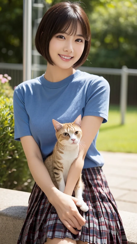 (Highest quality: 1.5), (Realistic: 1.5), (1 person: 1.5), Very detailed, High resolution, 8K,Natural color lips, Cute Smile, Japanese women, 20-year-old girl, Beautiful and elegant features, Perfect and beautiful face, Balanced big eyes, Beautiful and elegant features, Natural double eyelids, Natural Bangs, Beautiful thin nose, Beautiful Skin, Medium Bob Hair , Natural Bangs , Perfect and beautiful face, Slim face and figure, (Looking at the camera with a sweet smile), Bright lighting, Professional Lighting, Forward lighting, Beautiful feet: 1.2, Smooth Skin, Slender body, Slim waistline, slim thin thighs, Cleavage, Detailed clothing, (Short sleeve:1.5), (Pleated skirt:1.5), Checkered Pleated Micro Mini Skirt, Short sleeveドレスシャツ Ultra HD, Realistic,, Frolic with cats, Playing with cats,Holding a cat, Holding a cat,Pick up the cat, garden,squat