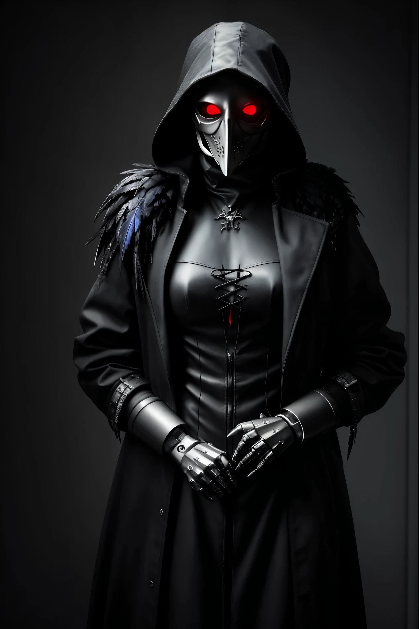 A cyborg plague doctor, raven-themed design, devilcore art style, best quality, 4k, 8k, highres, masterpiece, ultra-detailed, realistic, photorealistic, photo-realistic, HDR, UHD, studio lighting, ultra-fine painting, sharp focus, physically-based rendering, extreme detail description, professional, vivid colors, bokeh, dark moody lighting, gothic horror, dark fantasy, intricate details, mechanical parts, feathers, glowing eyes, ominous atmosphere, dramatic lighting, black and red color palette