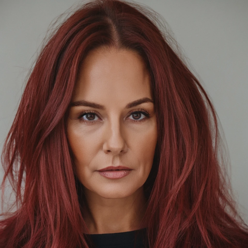 75 year old woman with long dark dyed blonde hair and dark reddish lips