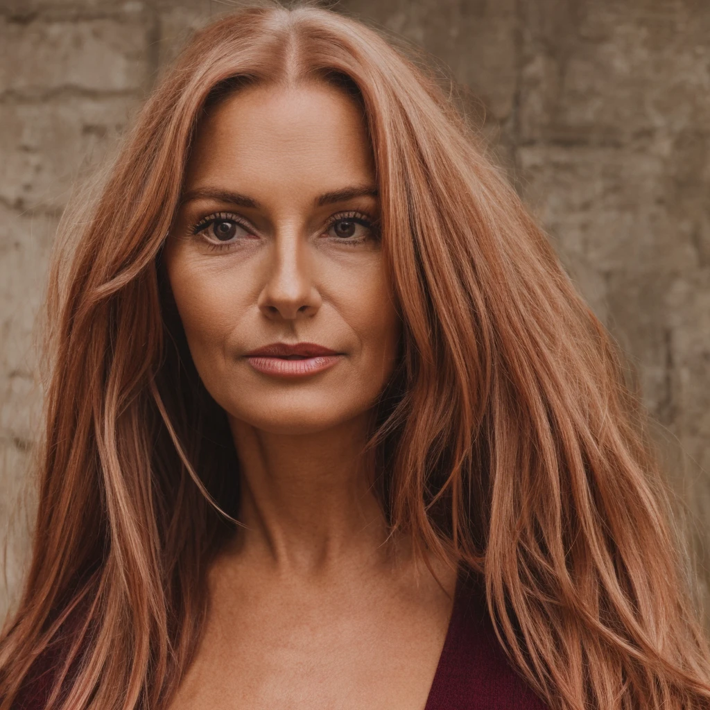 75 year old woman with long dark dyed blonde hair and dark reddish lips