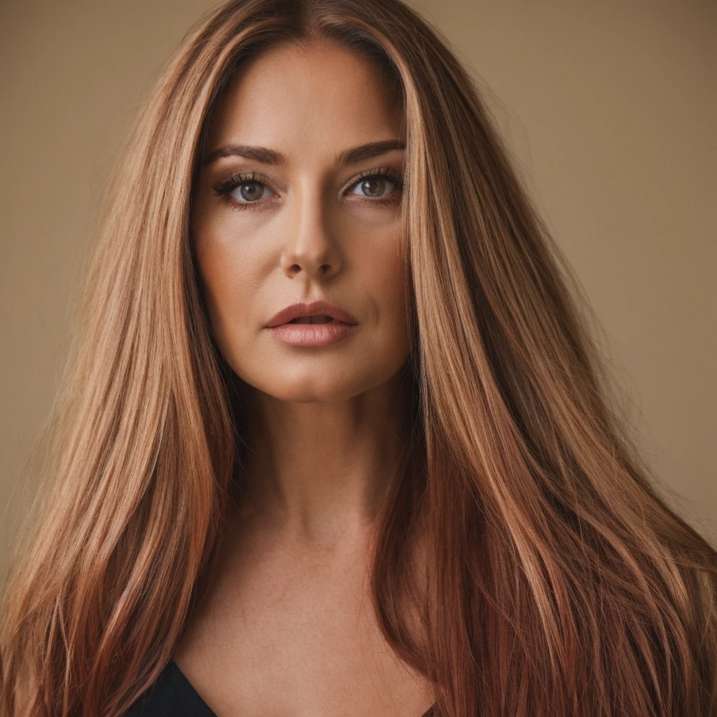 75 year old woman with long dark dyed blonde hair and dark reddish lips