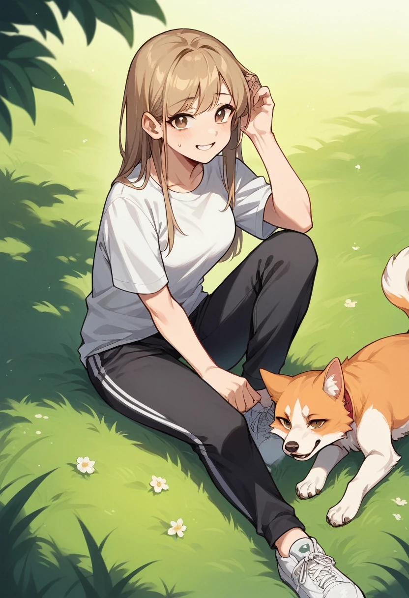 drawing of a girl with long brown hair, light brown eyes, with a smiling expression on her face, wearing a white shirt and a black sweatpants, sitting on the grass floor in her legs, she has an orange cat and the girl He is petting a medium-sized white dog with an orange spot on his face, in a park background