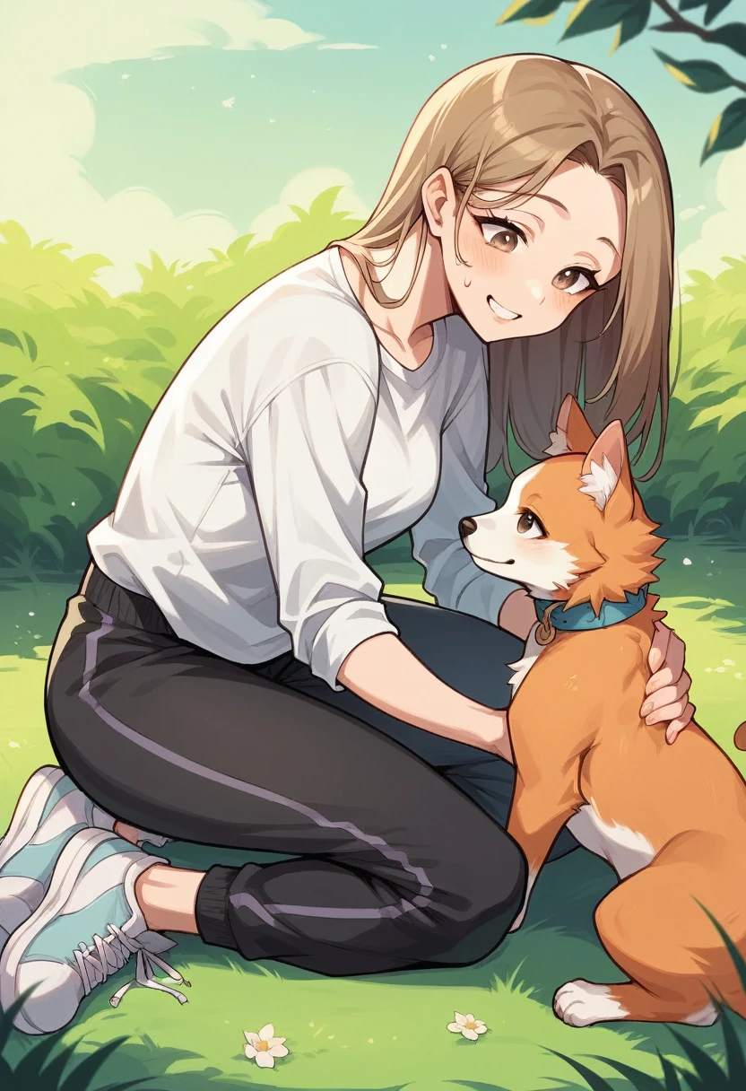 drawing of a girl with long brown hair, light brown eyes, with a smiling expression on her face, wearing a white shirt and a black sweatpants, sitting on the grass floor in her legs, she has an orange cat and the girl He is petting a medium-sized white dog with an orange spot on his face, in a park background