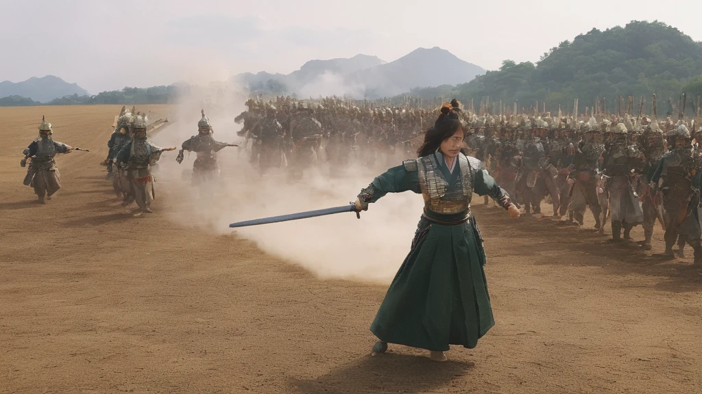 a shot from movie scene by Akira Kurosawa, Lisa Blackpink as beautiful Ancient Japanese female general fighting on the battlefied