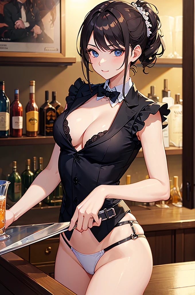 (masterpiece, best quality:1.2), 1 hot girl, bartender uniform, bar, night