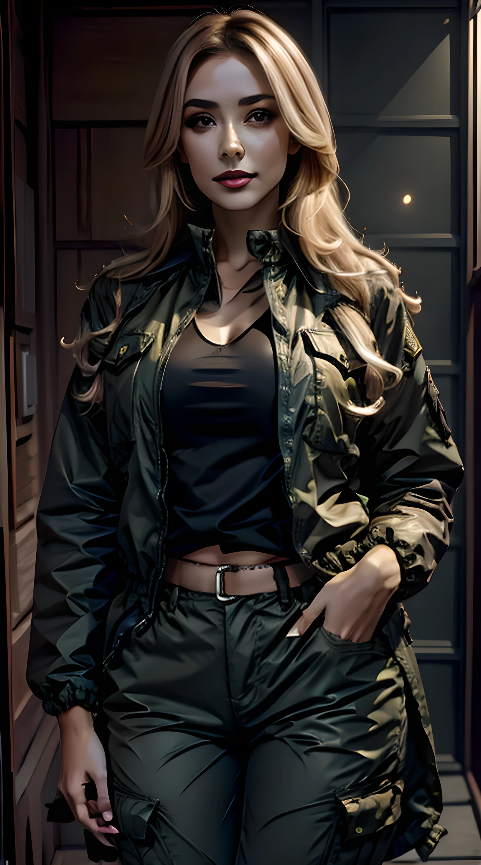 highres, masterpiece, perfect lighting, bloom, cinematic lighting, adult, female, looking at viewer, upper body, 1girl, blonde, camo pants, jacket, military jacket, hands inside pockets, in front of the viewer, bulletproof vest, magazine bags, modern construction site