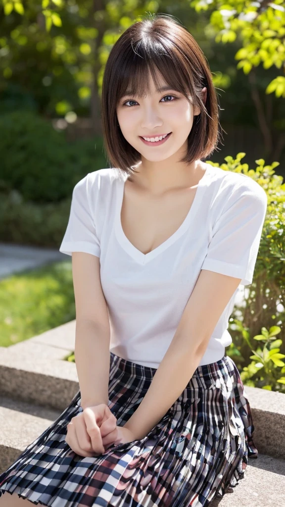 Pure Young Japanese Girl, sexual attractive, secret temptation, wearing summer casual fashion, sneakers, sitting in nobody’s Sunday park, no makeup, natural short Hairstyles, thick eyebrows, sweet smile, natural body, beautiful legs, (pure panty), spread wide legs, lift up skirt, summer atmosphere, soft sunlight, Professional Portrait Photography、